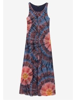 Desigual Mesh Lined Tank Maxi Dress Tie Dye Bohemian Size M Colorful Slit Sides